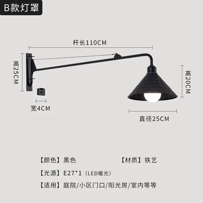 DecorBites black LED wall lamp with swing arm and textured conical shade in black iron for bedroom outdoor decor