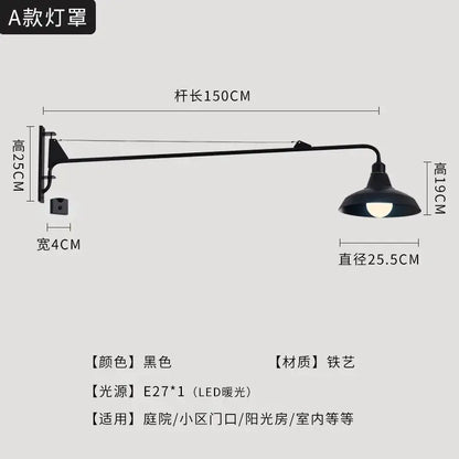 DecorBites black LED swing arm wall lamp with black iron 150cm arm and warm e27 bulb for indoor and outdoor use