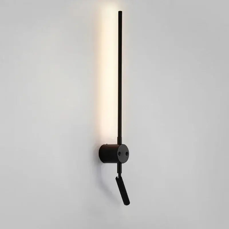 Decorbites black led wall lamp with sleek vertical rod and cylindrical base emitting warm light for bedroom and hallways