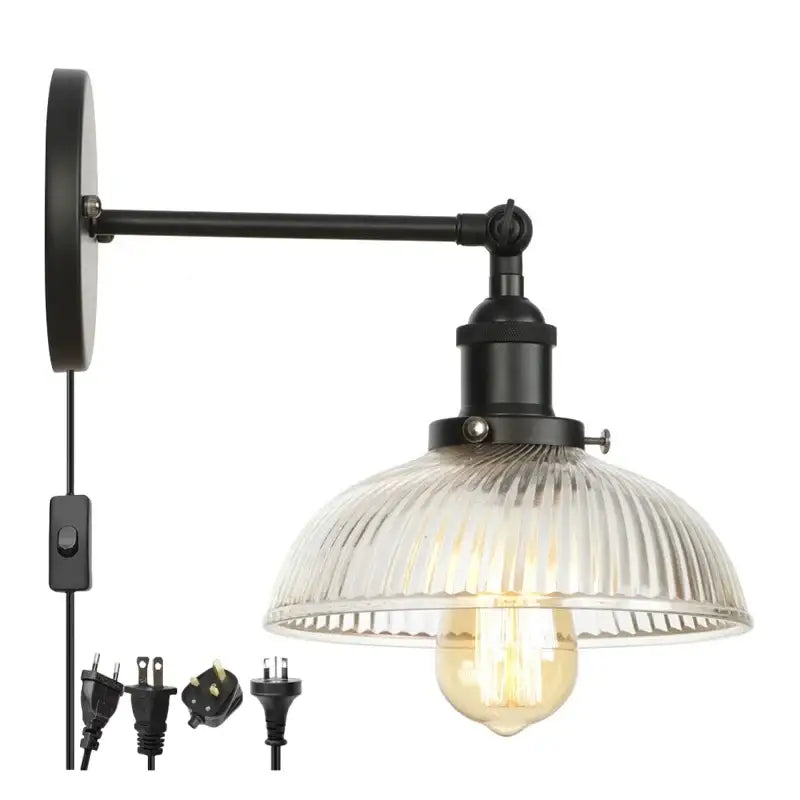 DecorBites black led wall sconce with ribbed glass shade and exposed filament bulb for vintage bedside lighting