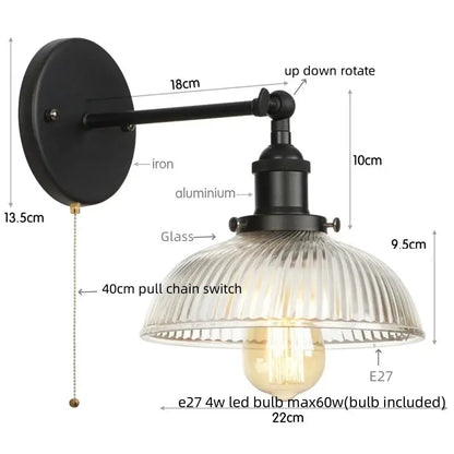 DecorBites black led vintage style wall sconce with black wrought iron, aluminum, and ribbed glass shade bedside lamp