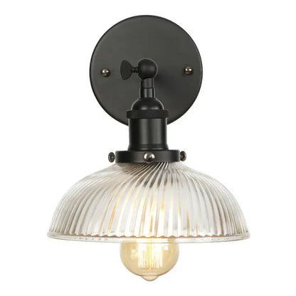 Decorbites black led vintage style iron wall sconce with ribbed glass shade and exposed filament bulb bedside lamp