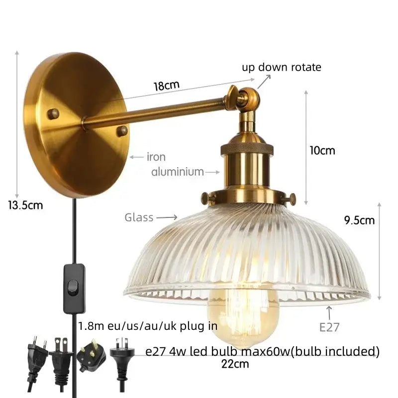 Decorbites black led vintage style wall sconce brass finish with ribbed glass shade and adjustable arm bedside light
