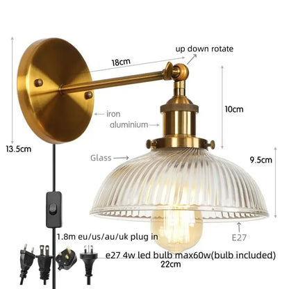 Decorbites black led vintage style wall sconce brass finish with ribbed glass shade and adjustable arm bedside light