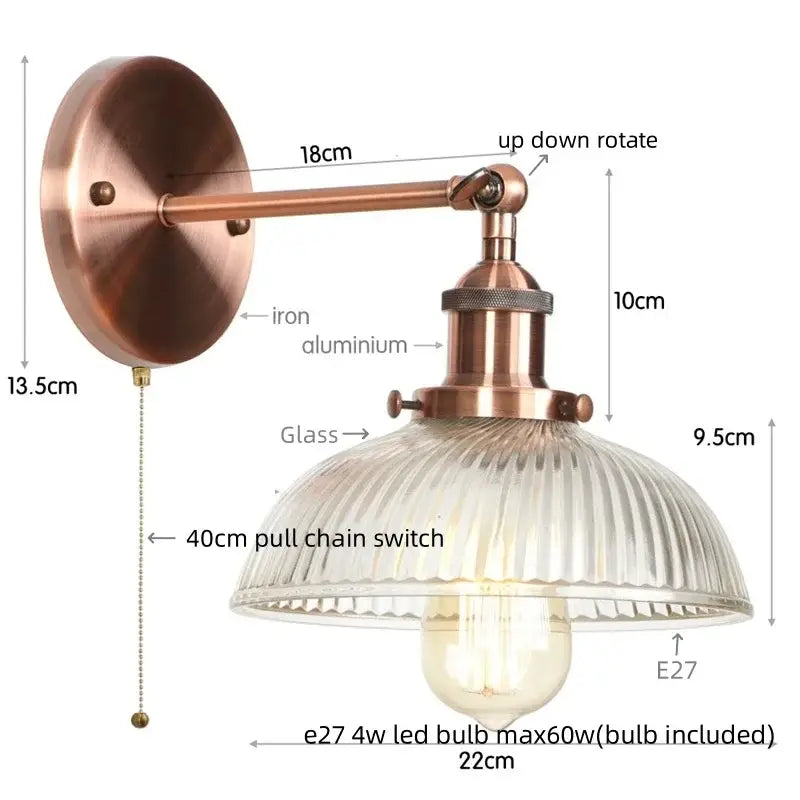 Decorbites black led wall lamp with copper finish industrial style metal and ribbed glass shade bedside sconce with e27 led bulb