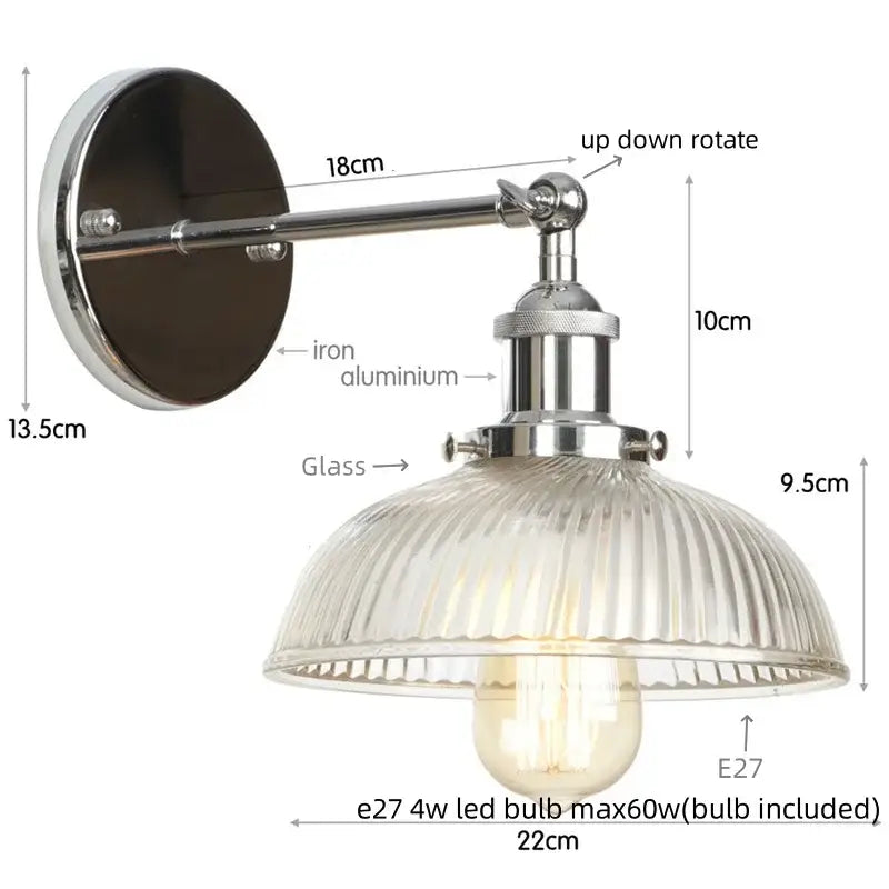 Chrome-finished decorbites black led wall sconce with ribbed glass shade and vintage edison bulb for bedside lighting