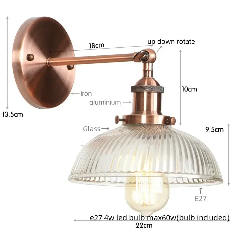 Copper-finished DecorBites black led wall lamp with ribbed glass shade and e27 led bulb vintage style bedside sconce
