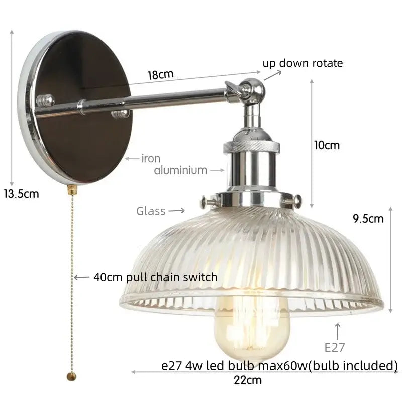 Industrial-style decorbites black led wall sconce with polished chrome adjustable arm and ribbed glass shade for bedside use