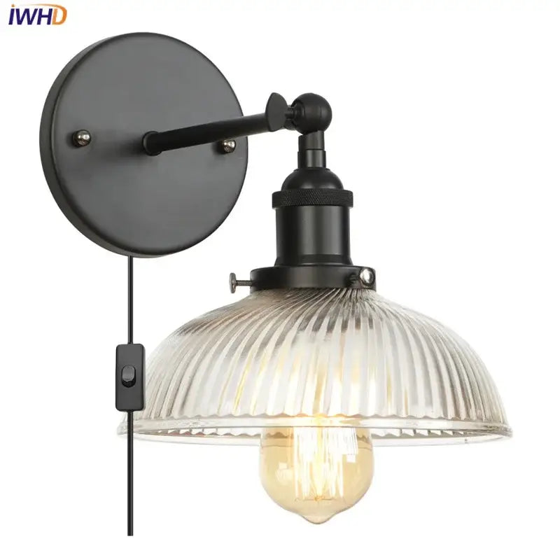 Decorbites black led vintage style iron wall sconce with ribbed glass shade and exposed edison bulb bedside lamp