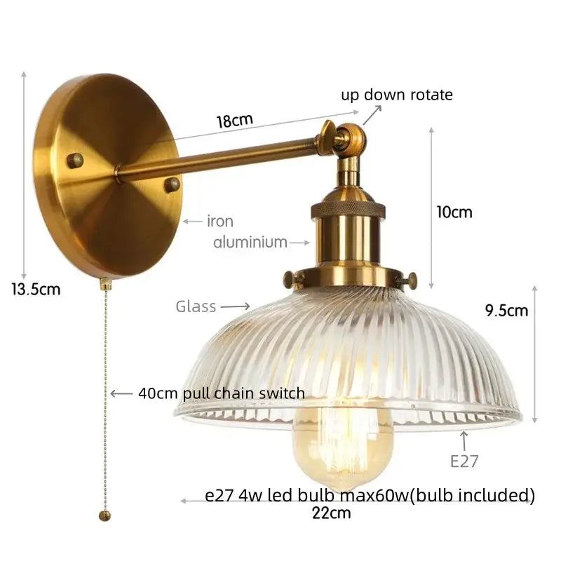 Decorbites black led wall lamp vintage style iron bedside light with antique brass finish ribbed glass shade and e27 bulb