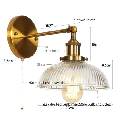 Decorbites black led wall lamp vintage style iron bedside light with antique brass finish ribbed glass shade and e27 bulb