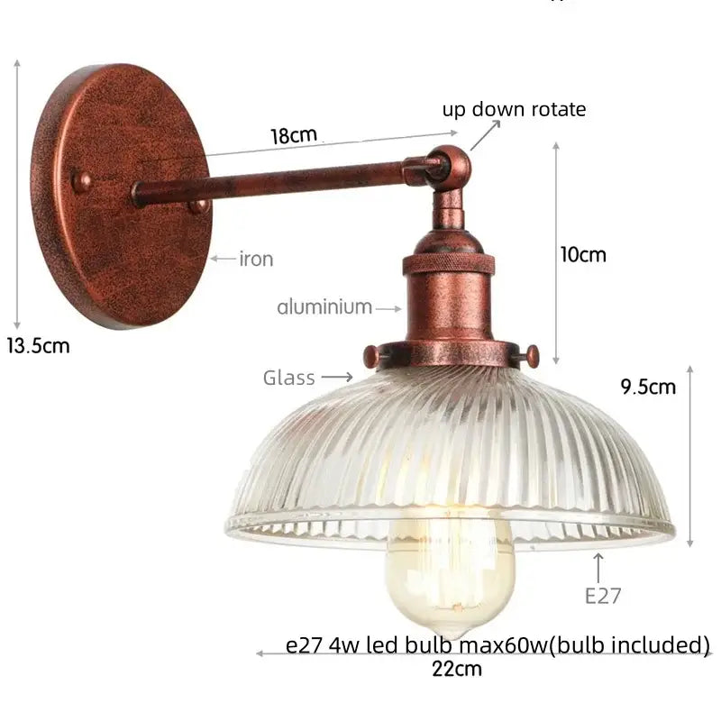 Antique brass-finished decorbites black led wall lamp with ribbed glass shade and e27 led bulb for bedside lighting
