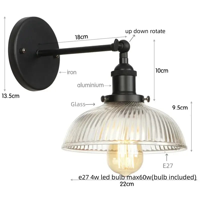 DecorBites black led wall lamp vintage style iron and aluminum wall sconce with ribbed glass shade for bedside use