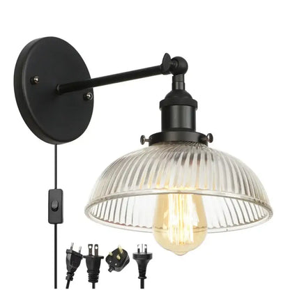DecorBites black led wall sconce featuring vintage iron design with ribbed glass shade and exposed Edison bulb