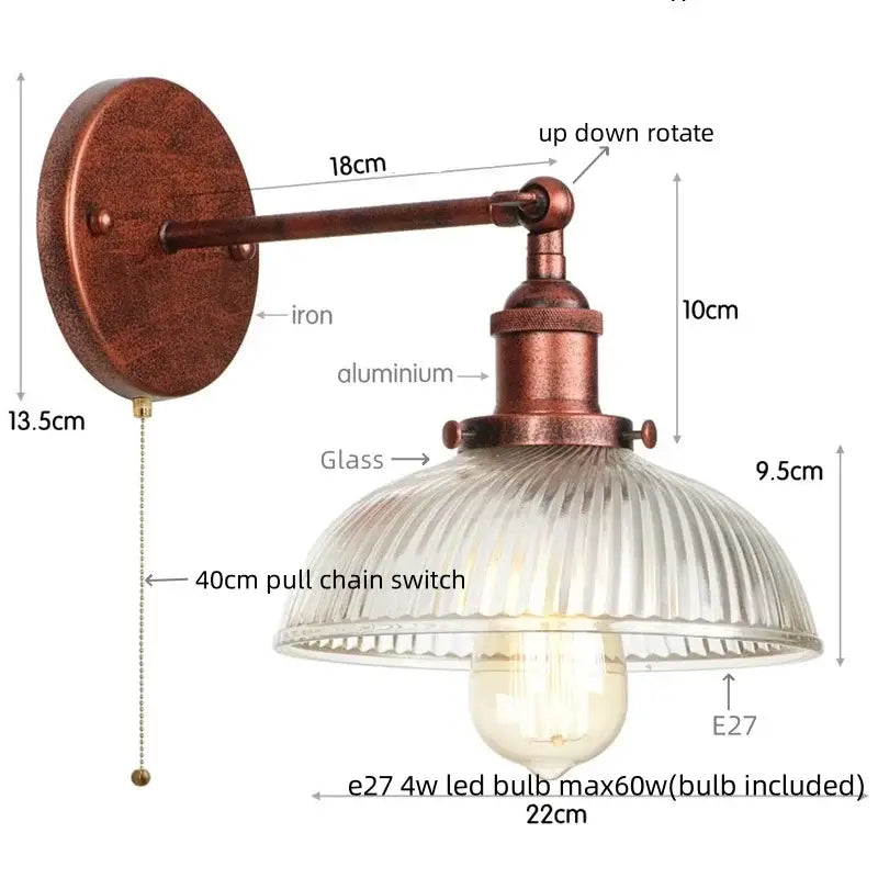Antique brass finished decorbites black led wall sconce with ribbed glass shade and e27 led bulb for bedside lighting