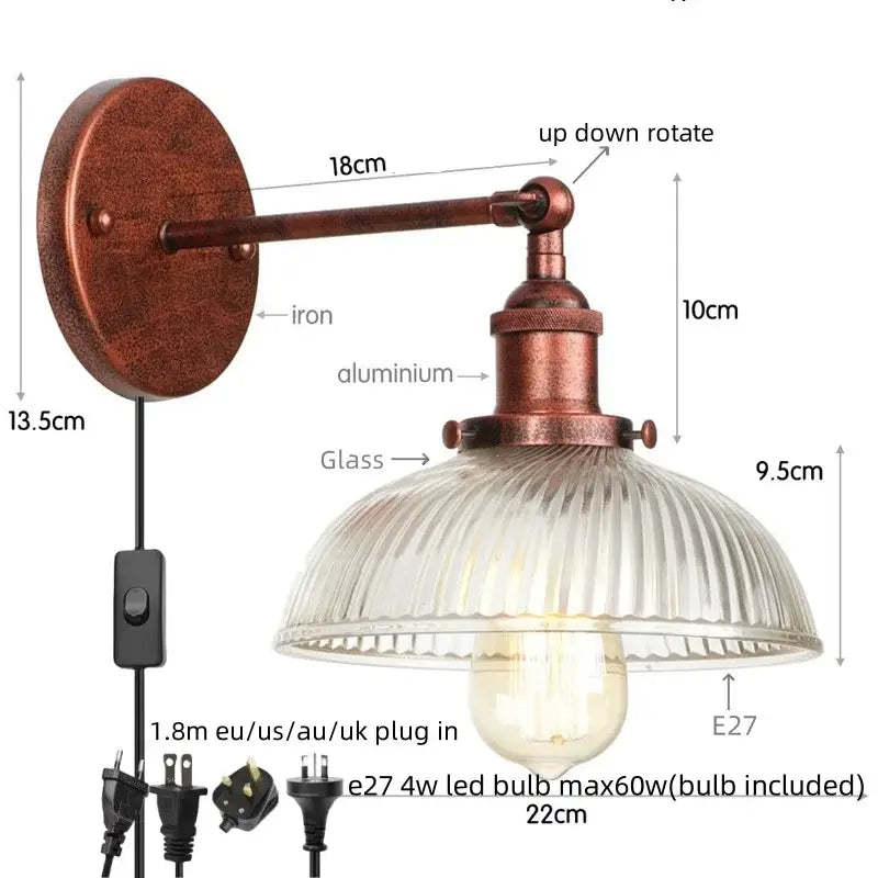 Copper-finished decorbites black led wall lamp with ribbed glass shade and adjustable arm vintage style bedside light