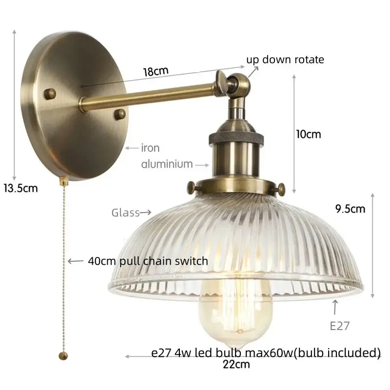 Antique brass-finished decorbites black led wall sconce with ribbed glass shade and exposed edison bulb bedside lamp