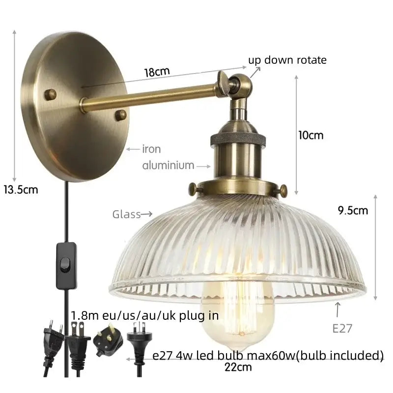 DecorBites black led wall lamp with antique brass finish, ribbed glass shade, and adjustable arm bedside sconce