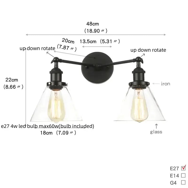 Decorbites black led wall sconce with two adjustable iron arms and clear glass shades for bedroom bathroom mirror lighting