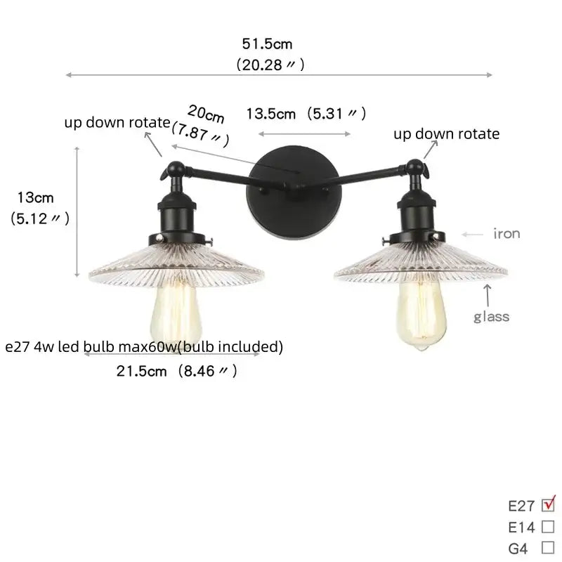 Decorbites black led wall sconce with two adjustable black iron arms and clear glass shades for bedroom or bathroom use