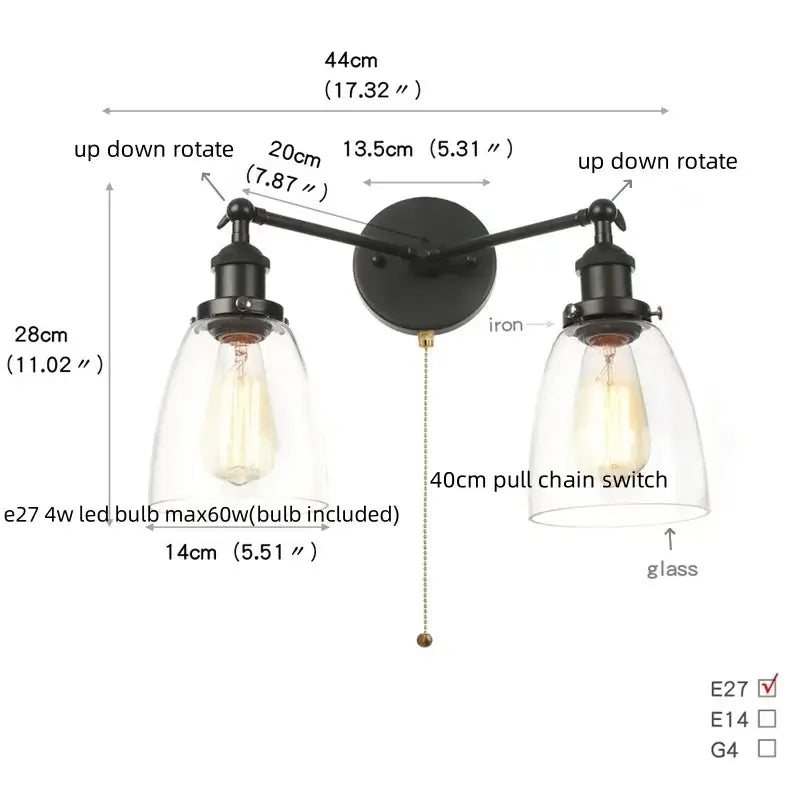 DecorBites black LED wall sconce with two adjustable black iron arms and clear glass shades for bedroom or bathroom use