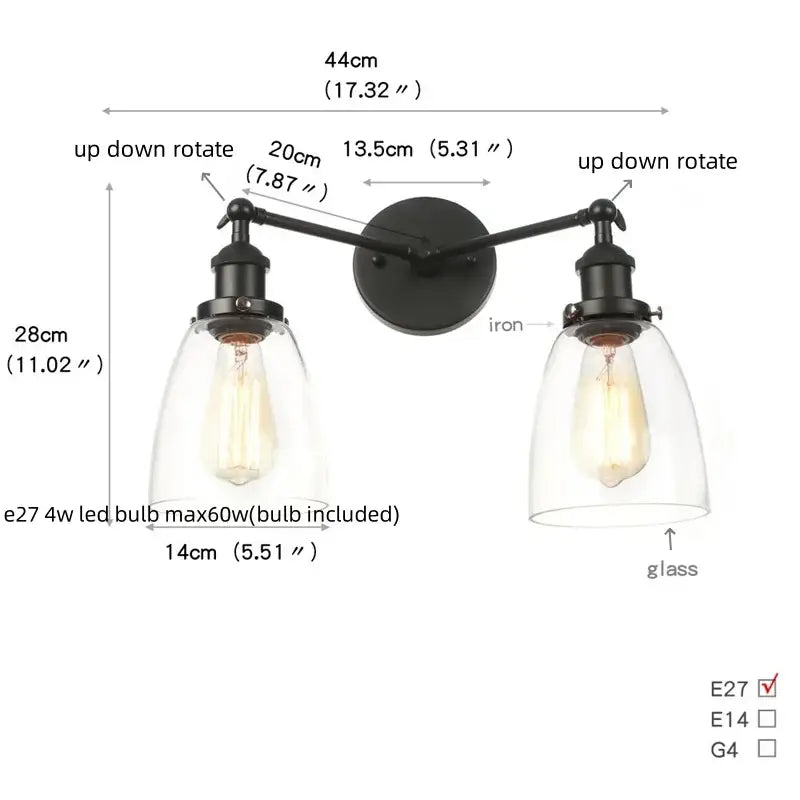 Black iron wall sconce with two adjustable arms and clear glass shades featuring exposed edison bulbs from decorbites black led wall collection