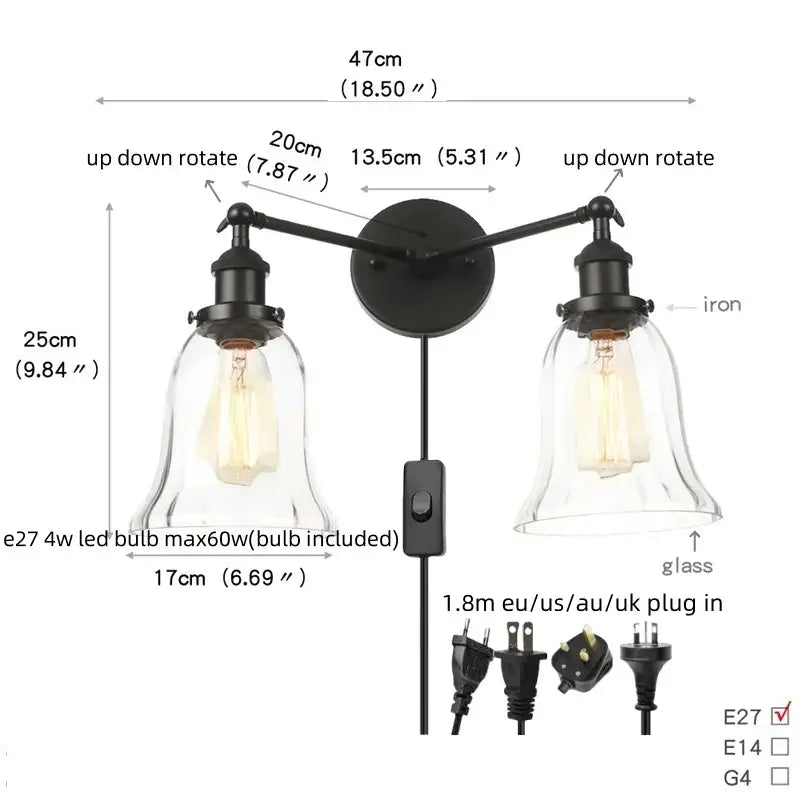 DecorBites black led wall sconce with two up-down rotating iron arms and clear glass shades for bedroom or bathroom mirror