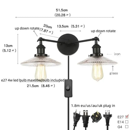 Decorbites black led wall sconce with two adjustable black iron arms and clear glass shades for bedroom bathroom mirror