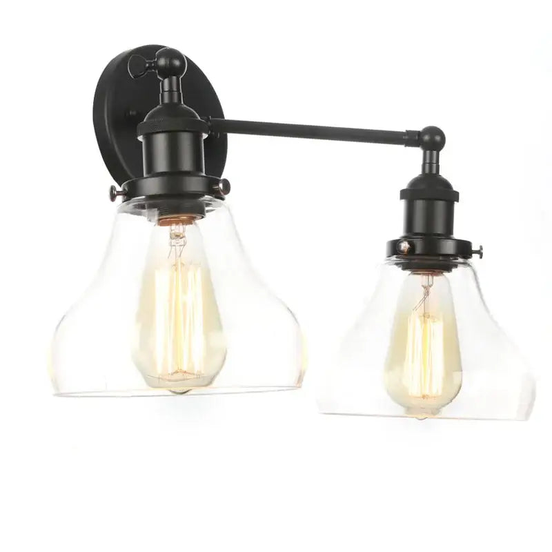 Black led wall sconce by decorbites with two clear glass shades and exposed filament bulbs for bedroom and bathroom use
