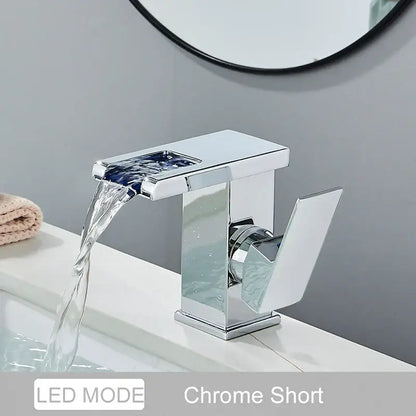 Decorbites black led waterfall bathroom faucet with sleek matte finish deck mounted three color change design