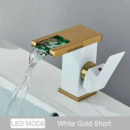 Decorbites black led waterfall bathroom faucet deck mounted short white and gold faucet with green glass insert