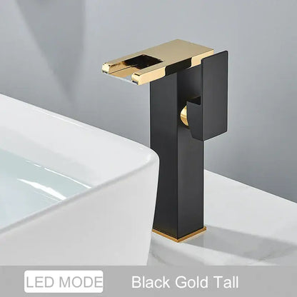 DecorBites black LED waterfall bathroom faucet in black and gold with modern rectangular deck mounted design and three color change