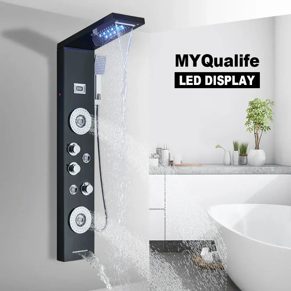 Decorbites black myqualife led waterfall rain shower panel with multiple spray heads and chrome controls