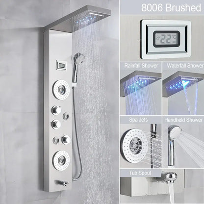 Brushed stainless steel DecorBites™ black led waterfall rain shower panel with multiple spray settings and massage jets
