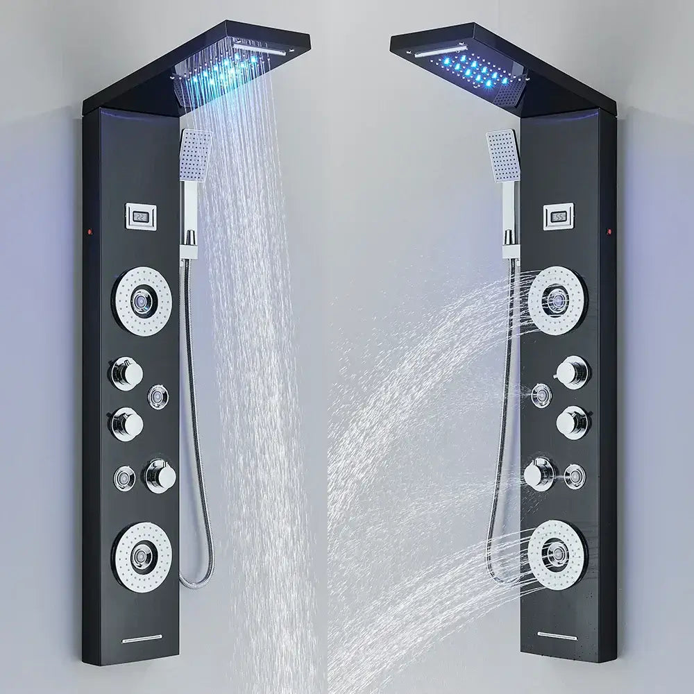 DecorBites black chrome shower panel with led waterfall rain shower, multiple spray heads, and massage jets control panels
