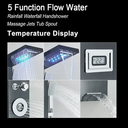 DecorBites™ black shower panel with led waterfall rain showerhead and multiple spray patterns with massage jets
