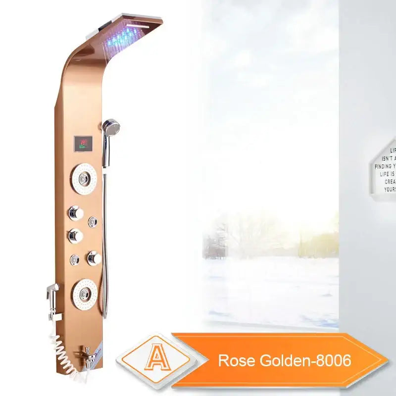 Rose gold shower panel with multiple spray heads and knobs in decorbites black led waterfall rain shower panel design