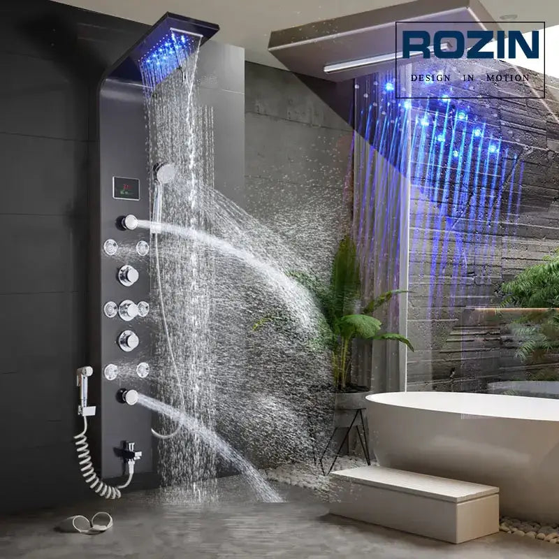 DecorBites black led waterfall shower panel in black with multiple spray settings and blue led lighting