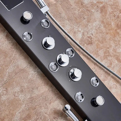 Decorbites black led waterfall shower panel with black chrome finish multiple control knobs and flexible hose