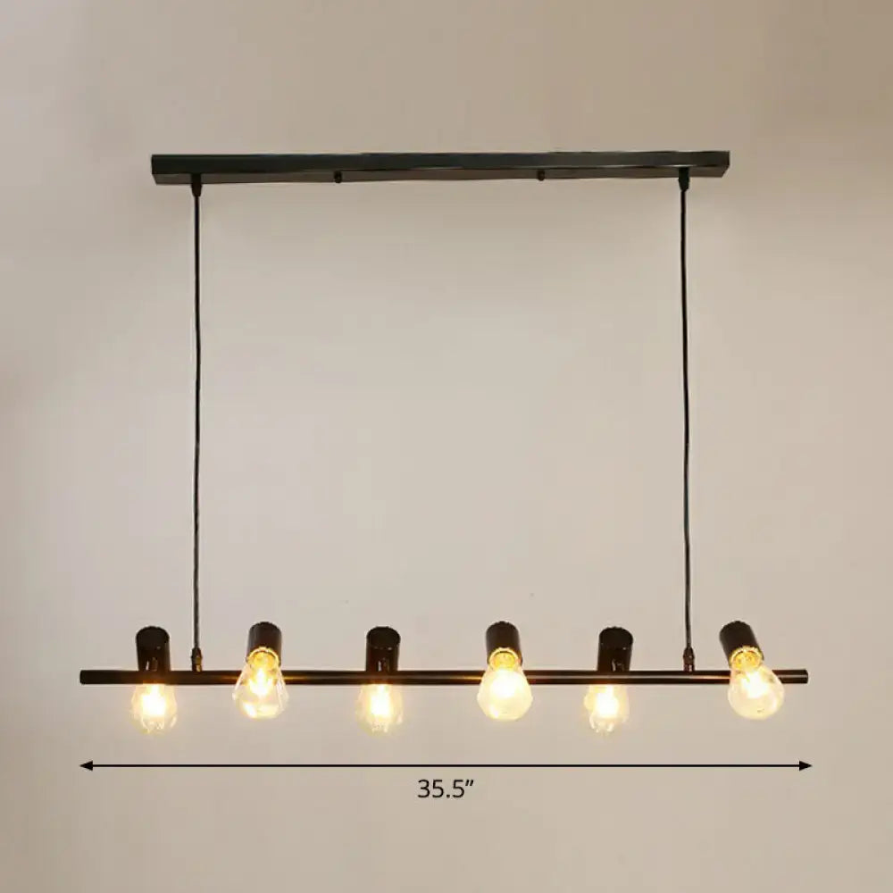 Decorbites black linear island pendant light with six exposed edison bulbs in industrial metal design for restaurants and lofts