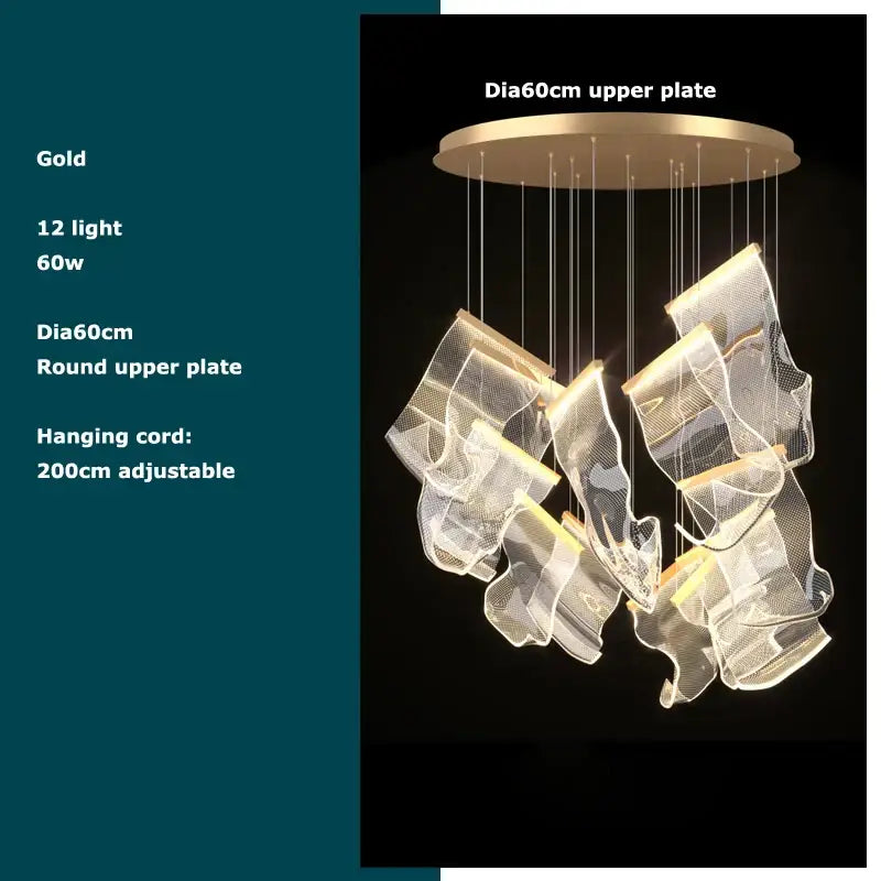 Gold-toned DecorBites black love chandelier lighting featuring 12 illuminated mesh pendants for dining room use