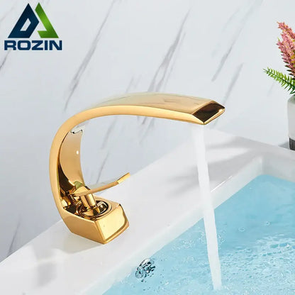 Gold-colored decorbites luxury brass basin faucet mixer tap with sleek curved design and polished brass finish