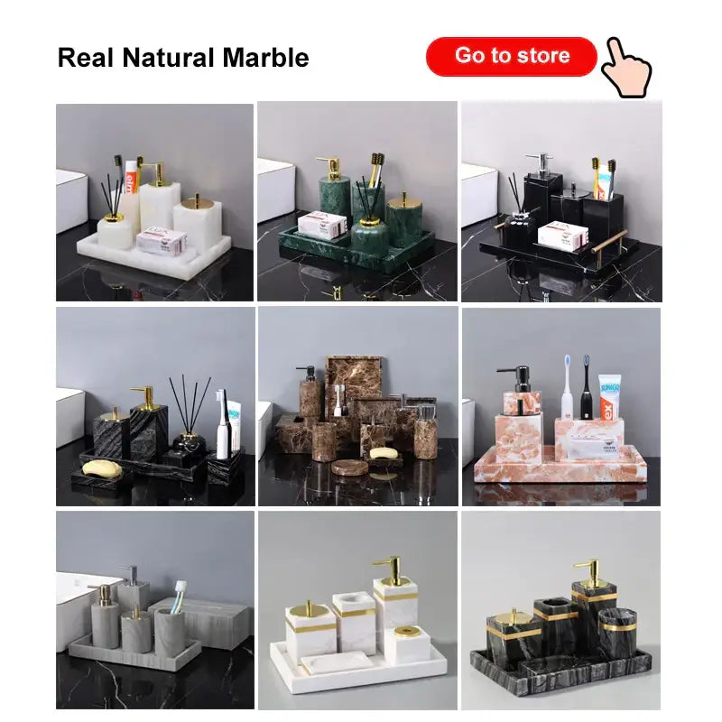 Elegant decorbites black marble bathroom accessories set in natural marble with gold accents for stylish bathroom organization