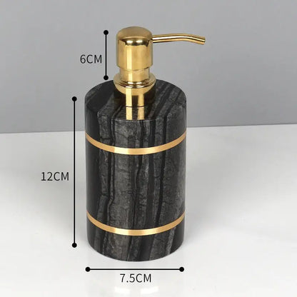 Decorbites black marble soap dispenser with gold-tone pump and accent bands for black marble bathroom accessories set