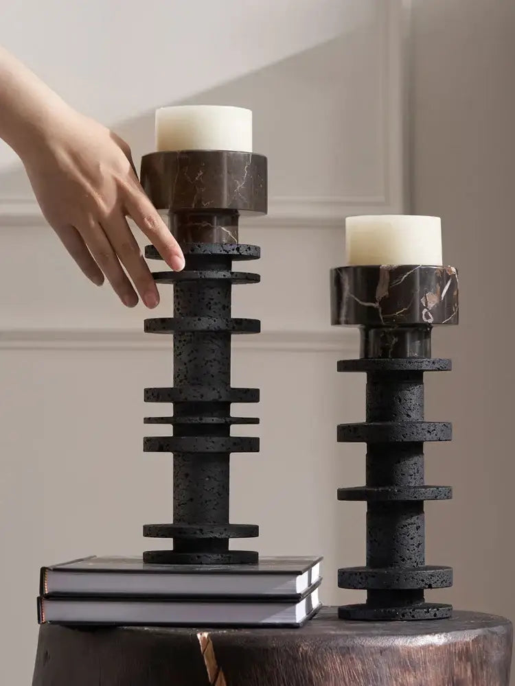 Black terrazzo candlestick with dark marble accents and stacked rings from decorbites black marble pillar collection