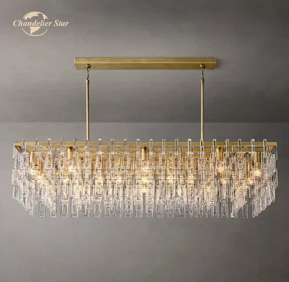 Gold-toned rectangular chandelier with cascading clear crystal prisms from decorbites black marignan for living dining room