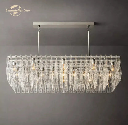 A modern decorbites black marignan rectangular chandelier with silver frame clear crystal prisms and warm exposed bulbs
