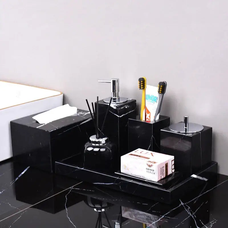 Decorbites black marquina bathroom set featuring black marquina marble with polished chrome accents and modern design