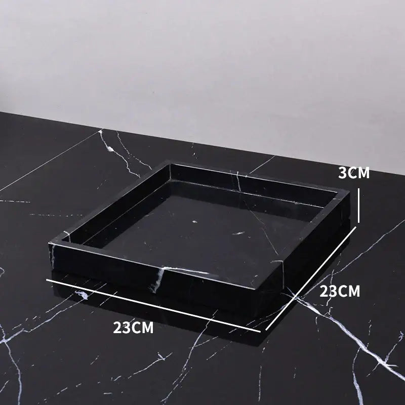 Black marquina square tray with glossy finish and subtle white veining in decorbites black marquina bathroom set