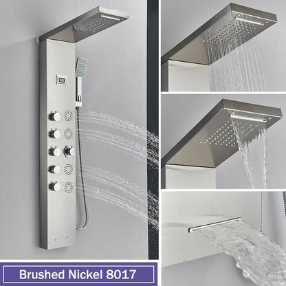 Decorbites black massage brushed nickel shower panel with temperature display 5 modes and handheld shower